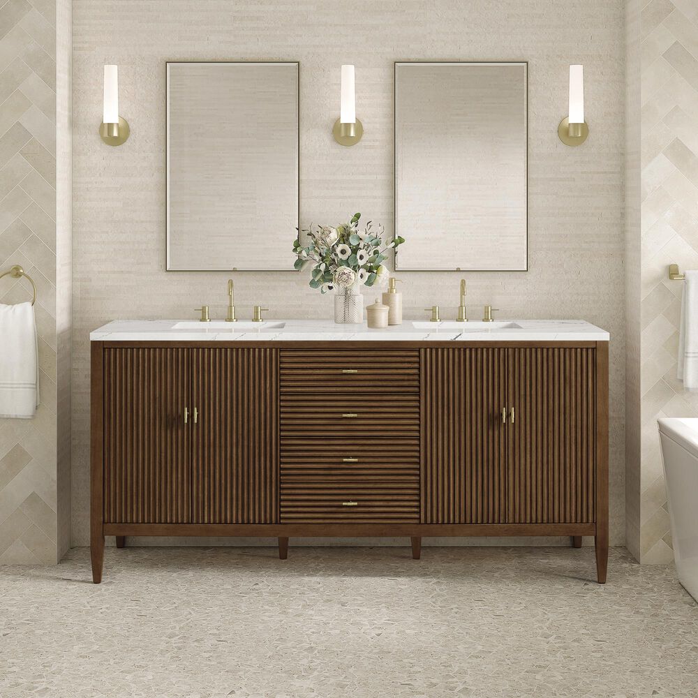James Martin Vanities Myrrin 72&quot; Double Vanity in Mid Century Walnut with 3 cm Ethereal Noctis Quartz Top, , large