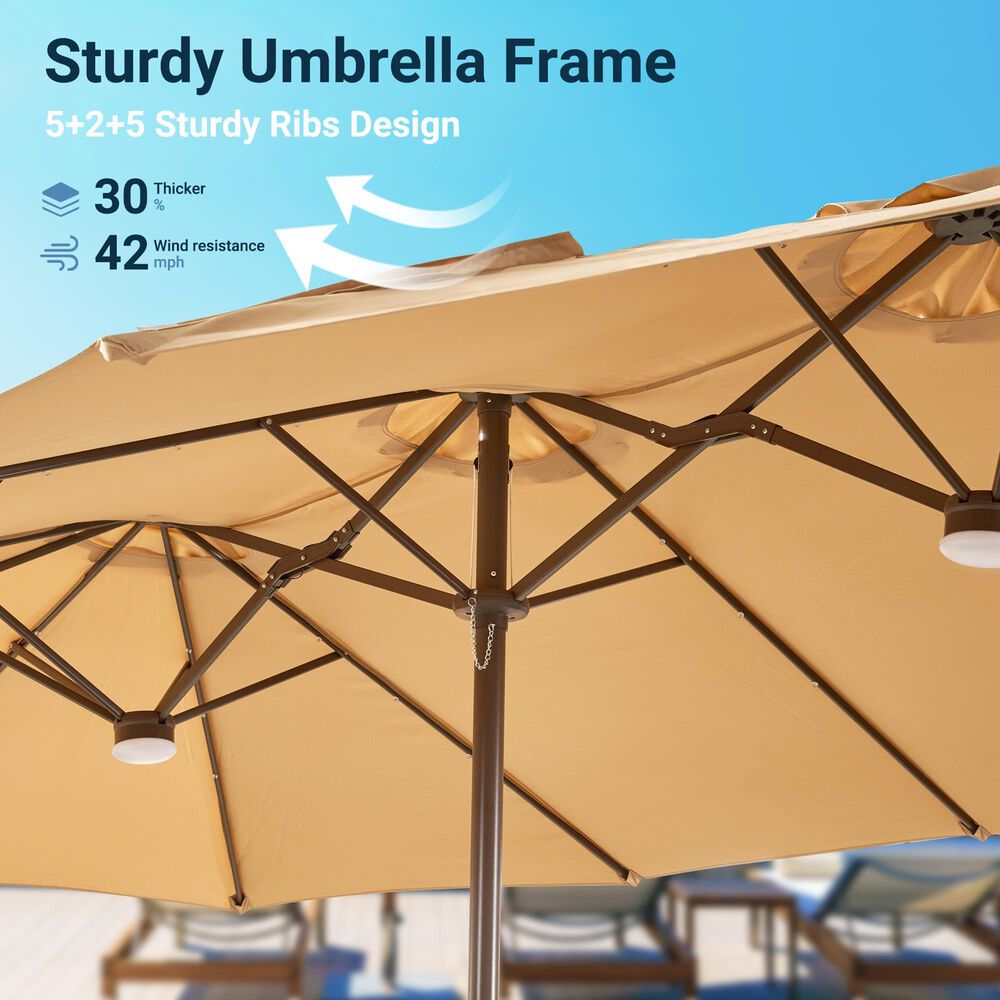 HOMLUX 15' Outdoor Market Umbrella with Sandbags Base and LED Lights in Khaki, , large