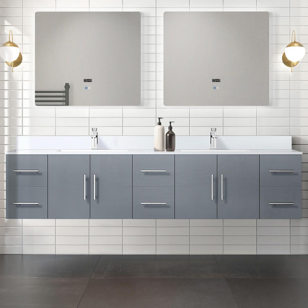 Lexora Home Geneva 84&quot; Double Bathroom Vanity in Dark Grey with 2 cm White Quartz Top and Rectangular Sinks, , large