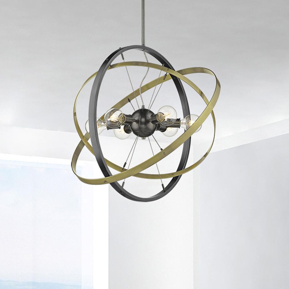 Golden Lighting Atom 6-Light Chandelier in Black Brushed Steel with Aged Brass Accent Rings, , large