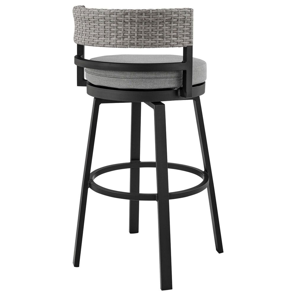 Armen Living Encinitas Patio Swivel Counter Height Bar Stool with Dark Gray Cushion in Black, , large