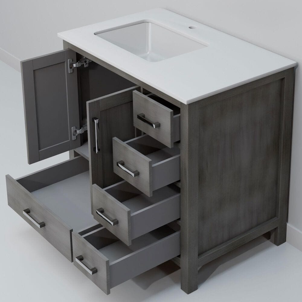 Lexora Home Jacques 36" Left Offset Single Bathroom Vanity in Distressed Grey with 2 cm White Quartz Top and Rectangular Sink, , large
