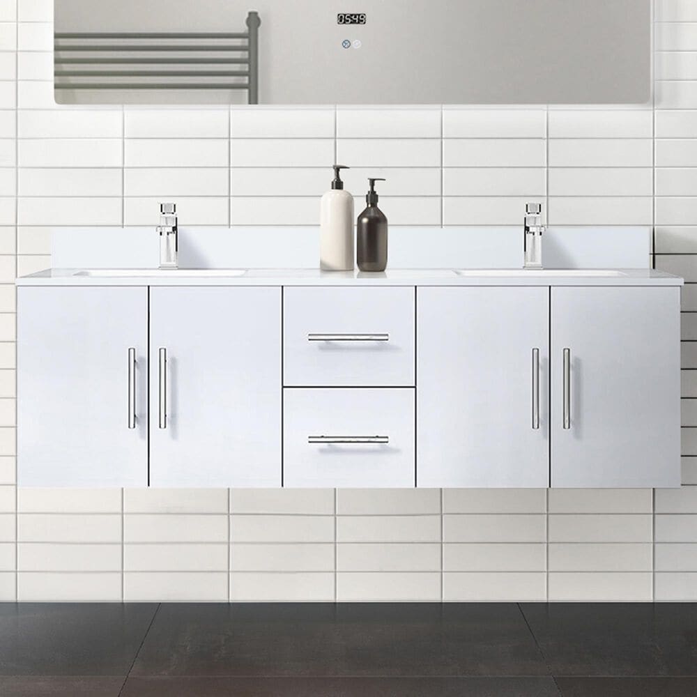 Lexora Home Geneva 60&quot; Double Bathroom Vanity in Glossy White with 2 cm White Quartz Top and Rectangular Sinks, , large