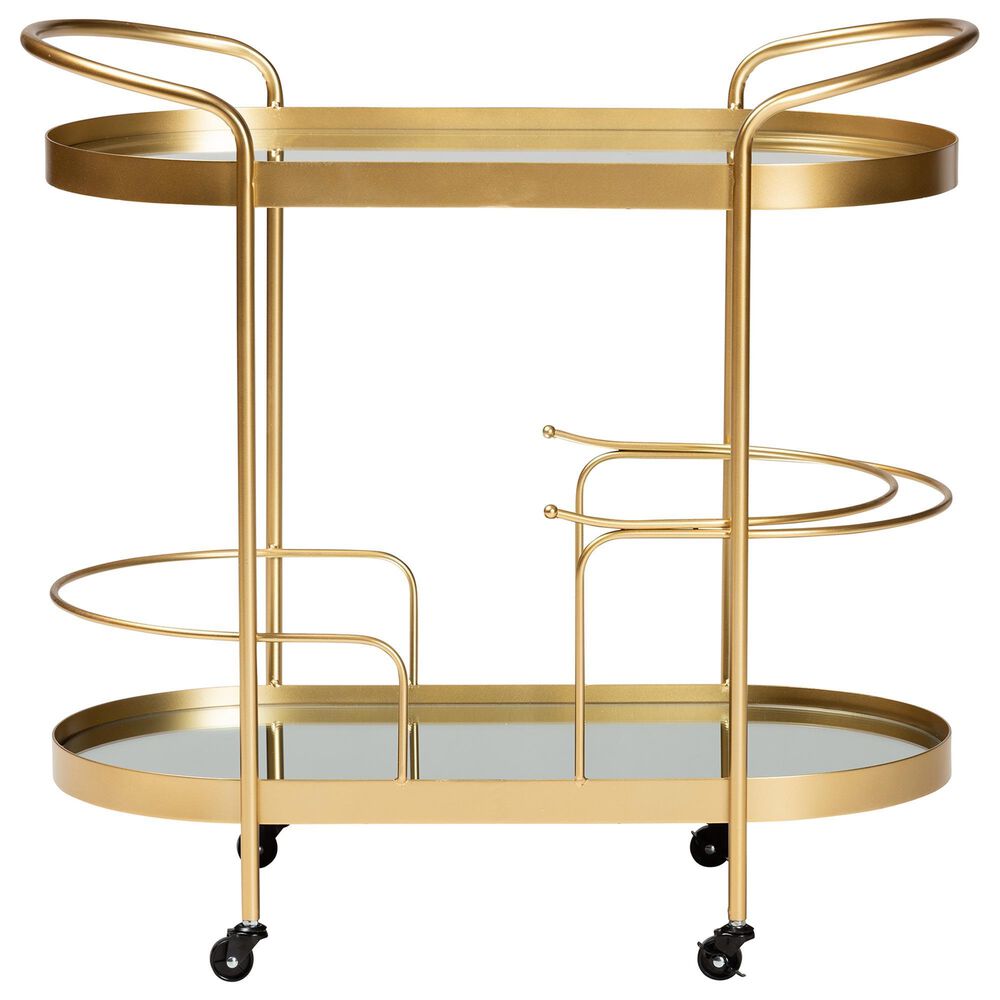 Baxton Studio Kamal 2-Tier Mobile Wine Bar Cart in Brushed Gold and Clear, , large