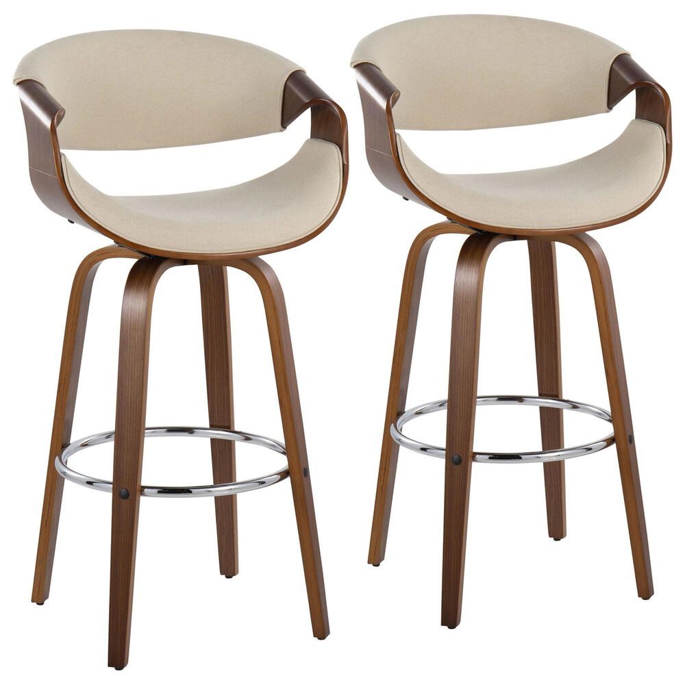LumiSource Curvini 30" Swivel Barstool with Cream Upholstery in Walnut and Chrome (Set of 2), , large