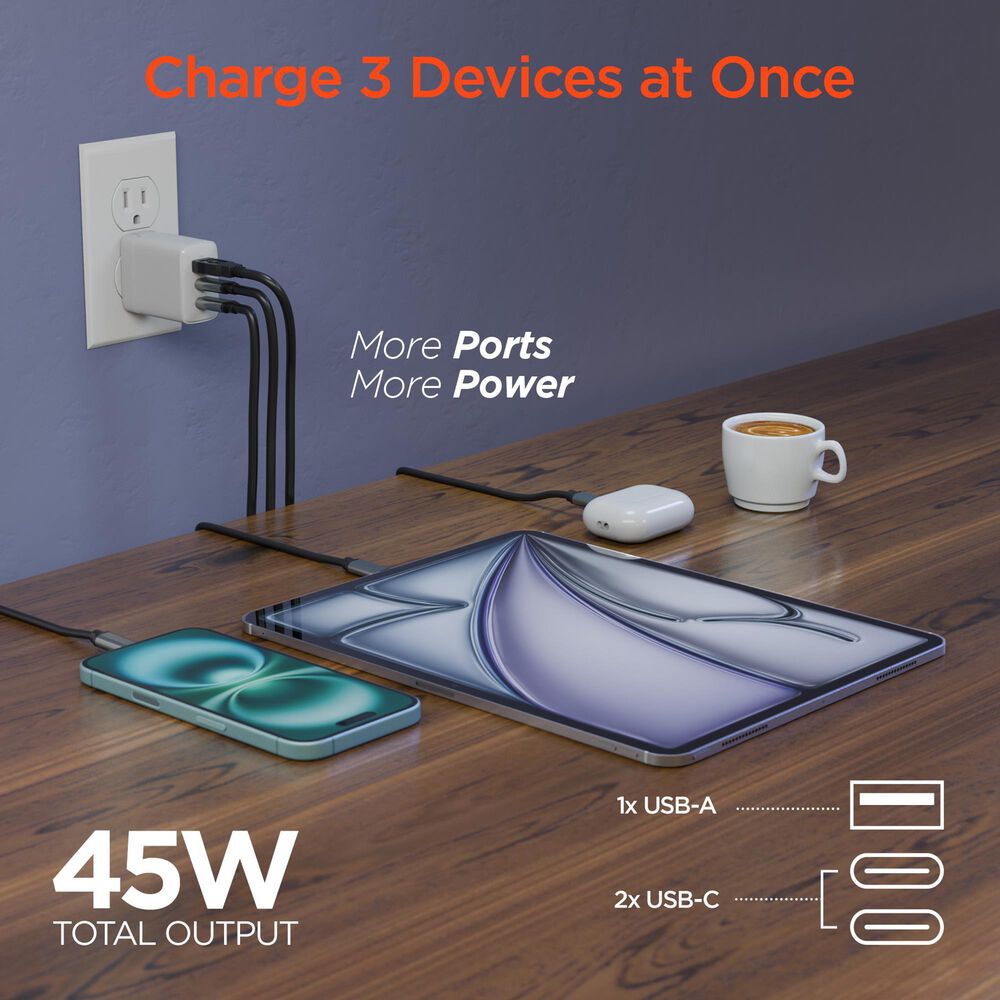 Hypercel SpeedBoost 45W PD Wall Charger with 6ft USB-C Cable in White, , large