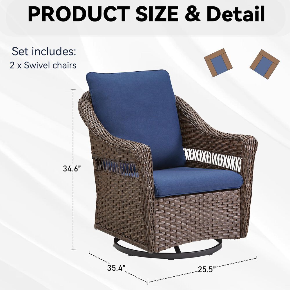 Sunwell Garden Patio Swivel Glider Chair with Brown Frame and X-Laced Armrests in Navy (Set of 2), , large