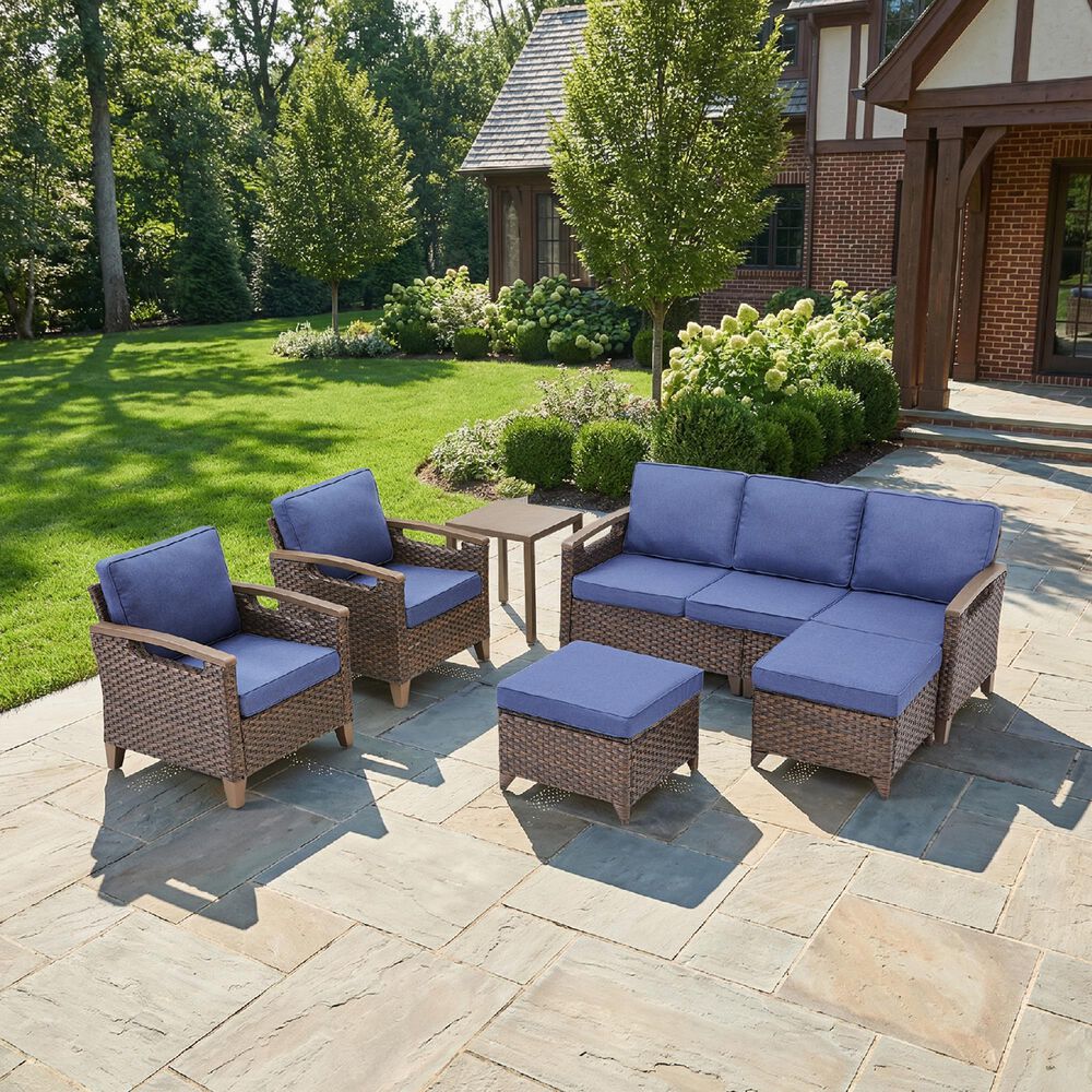 Sunwell Garden 13.7" Ottoman with Navy Cushion in Brown (Set of 2), , large