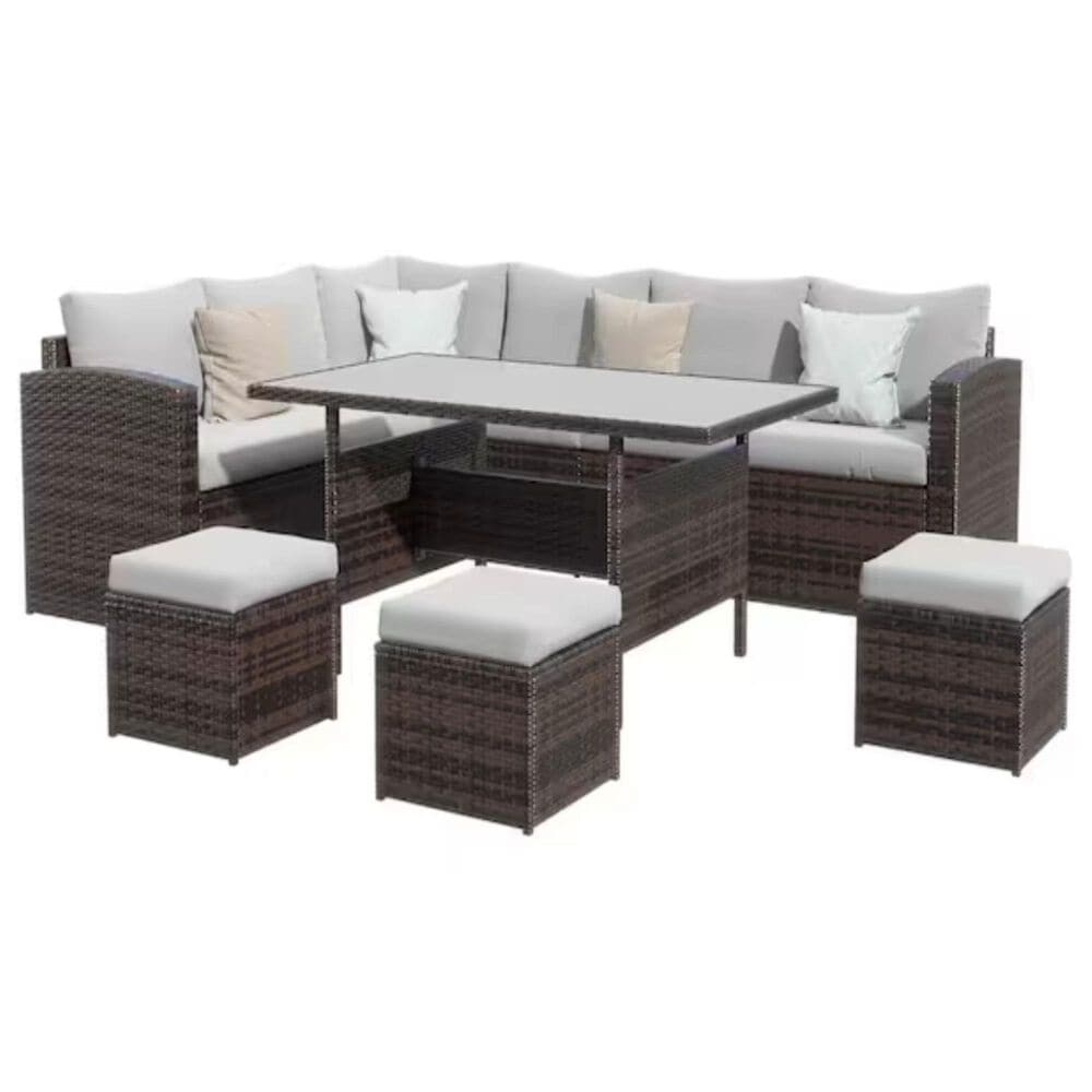 Hearth and Haven 7-Piece Outdoor Dining Set with Grey Cushion in Brown, , large