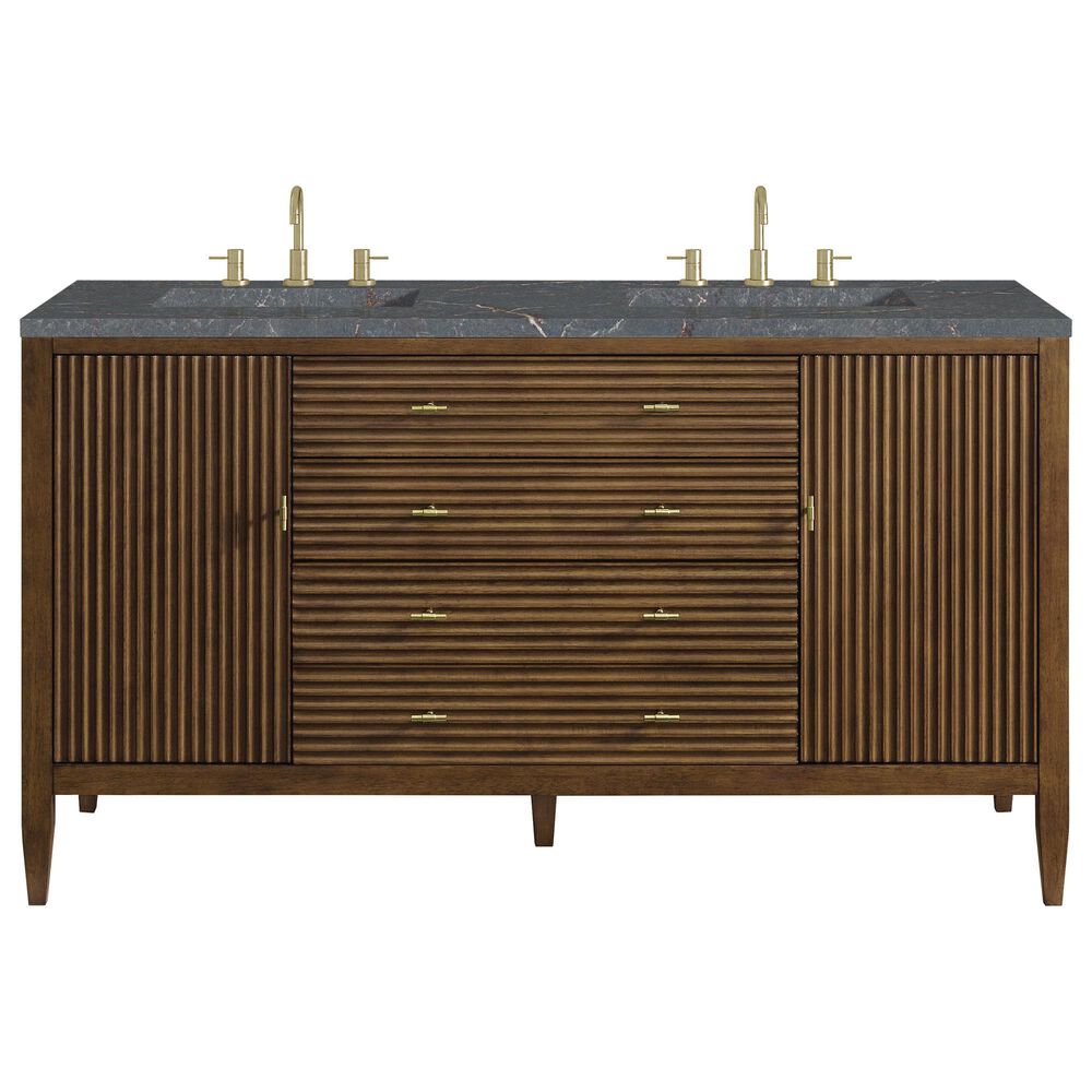 James Martin Vanities Myrrin 60&quot; Double Vanity in Mid Century Walnut with 3 cm Parisien Bleu Quartz Top, , large