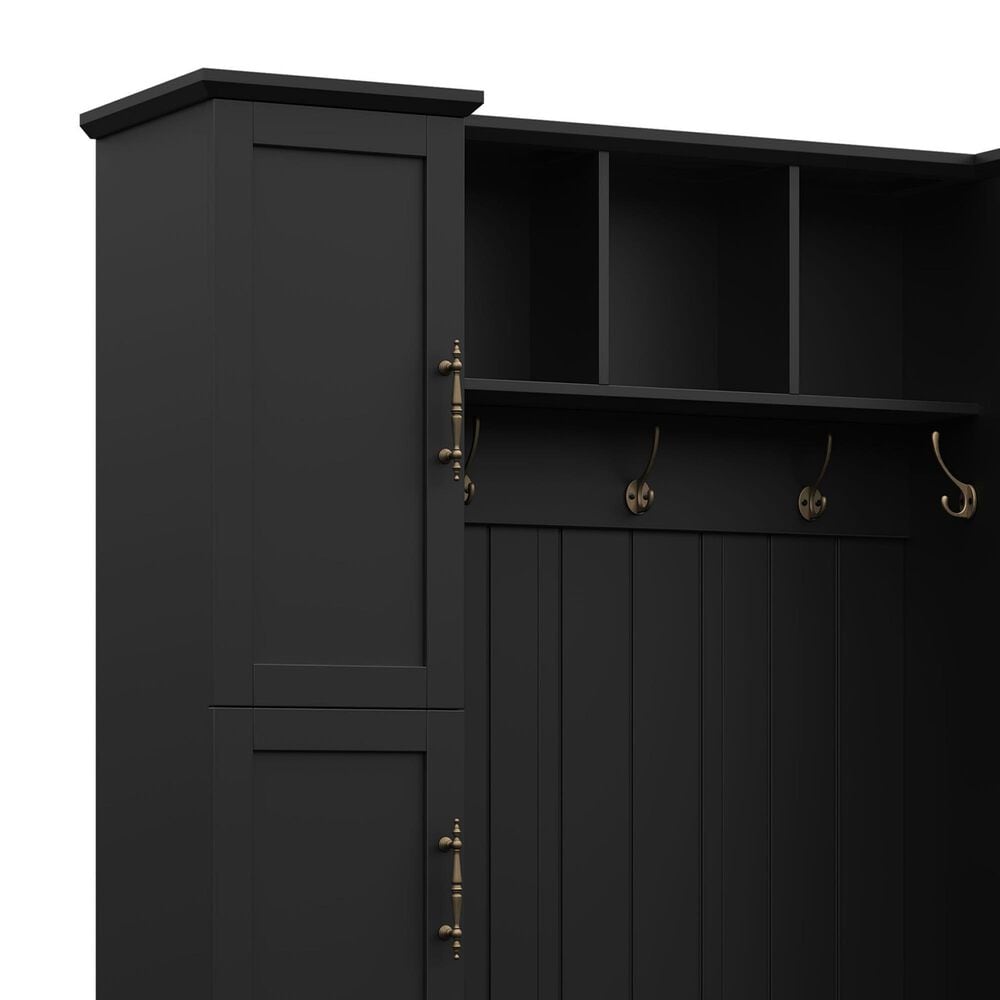 HOMLUX 5-Hook Hall Tree with 4 Side Cabinets and Storage Bench in Black, , large