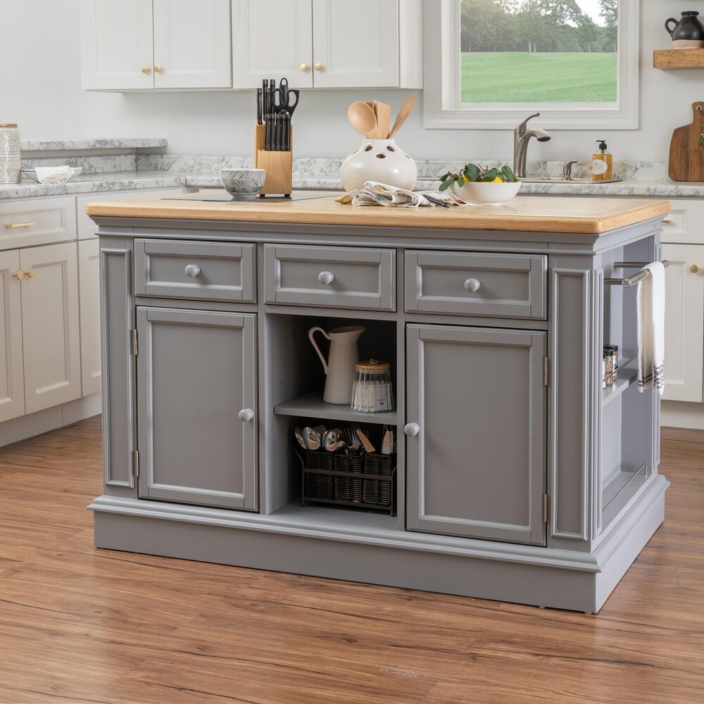 Linon Home Decor Posie Kitchen Island with 2 Stools in Grey, Natural and Black, , large