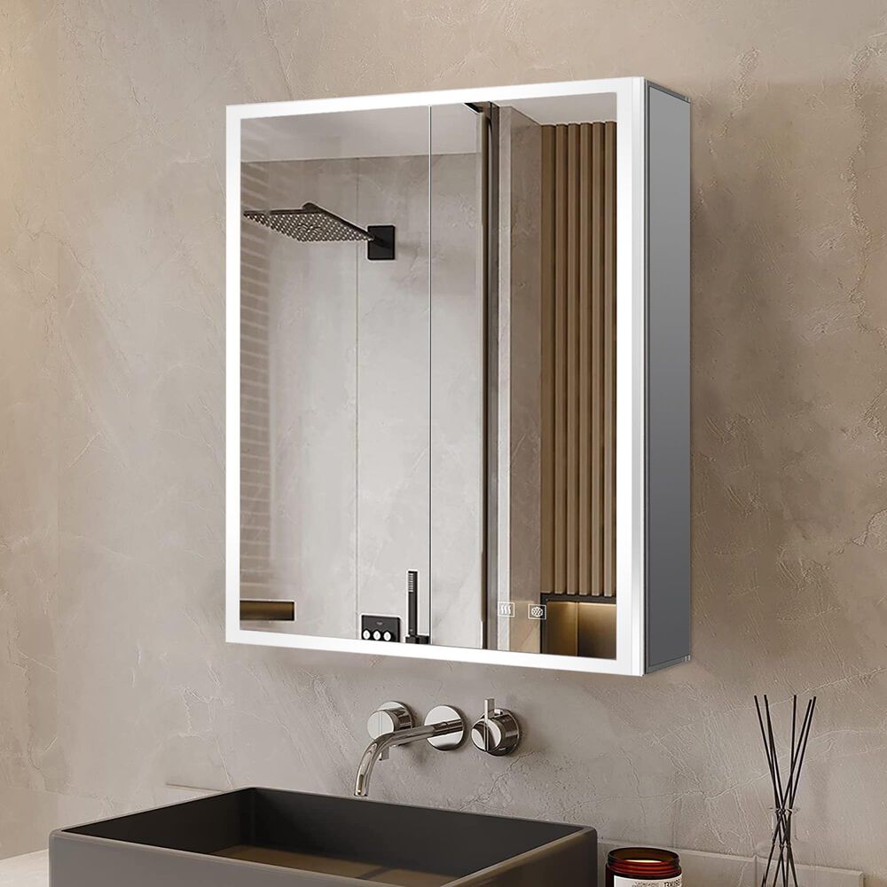 Lexora Home Mesa 24" x 32" LED Mirror Medicine Cabinet with Defogger in Aluminium, , large