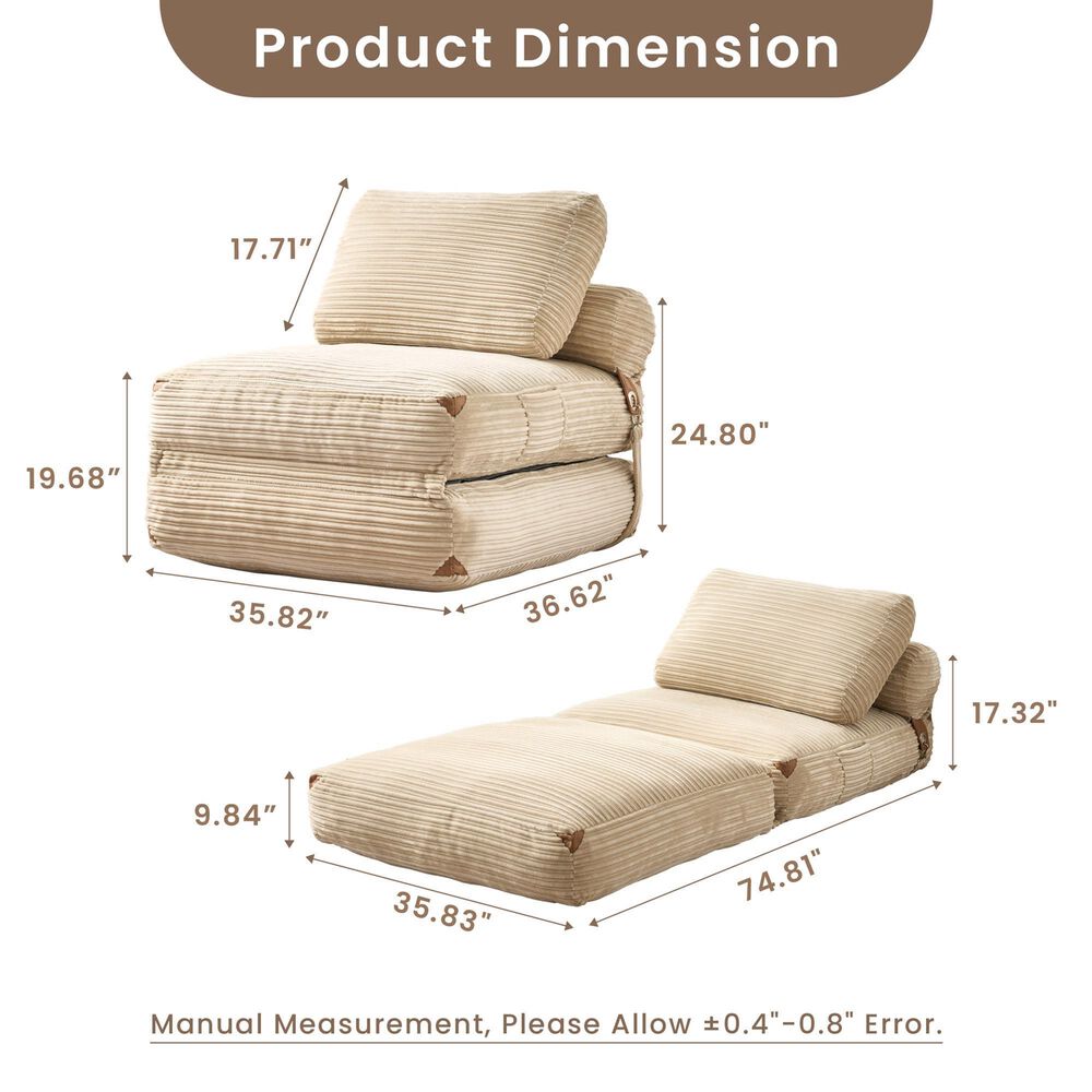 HOMLUX Convertible Sleeper Chair with Pillow and Back Support in Beige, , large