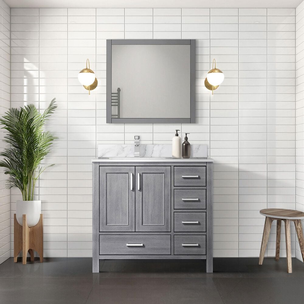 Lexora Home Jacques 36&quot; Left Offset Single Bathroom Vanity in Distressed Grey with 2 cm White Carrara Marble Top and Rectangular Sink, , large