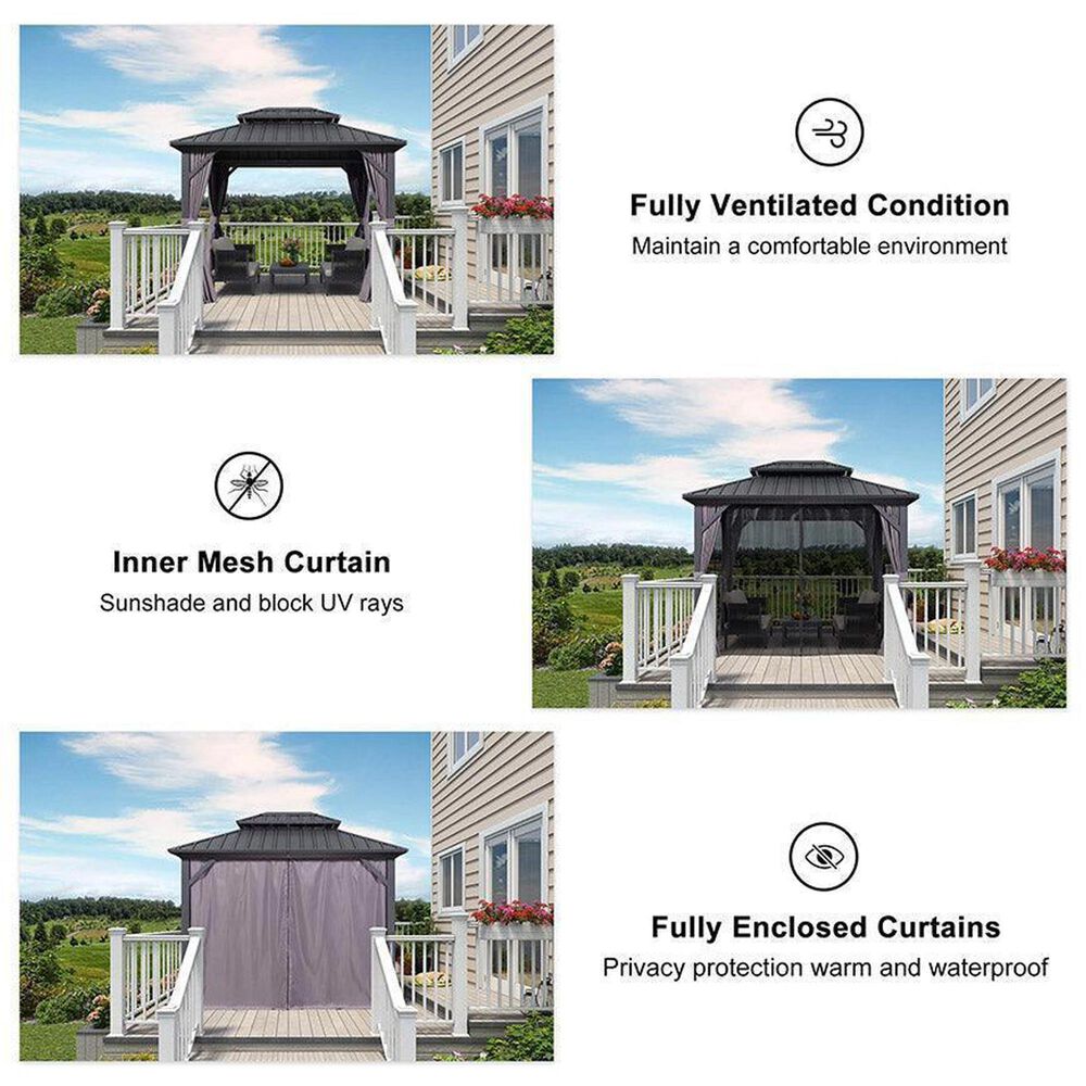 HOMLUX 8' x 10' Outdoor Hardtop Gazebo with Galvanized Steel Roof, Netting, and Curtains Gray, , large
