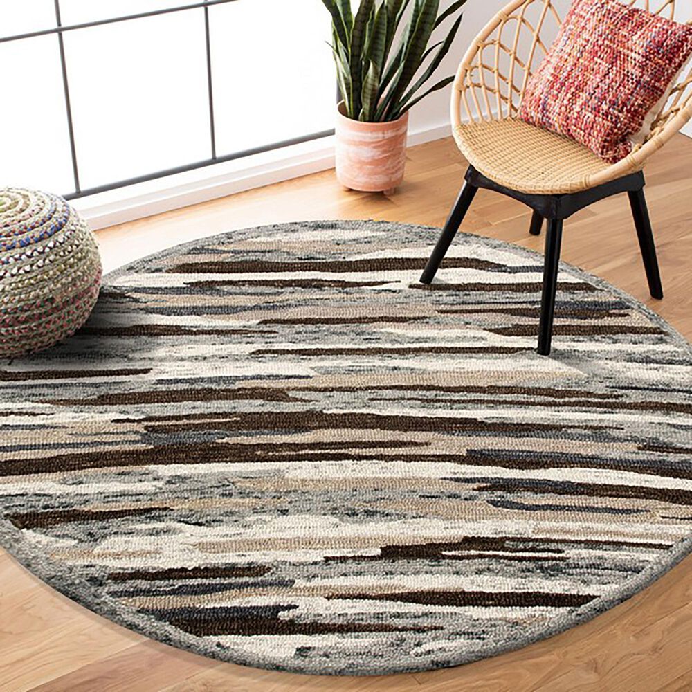 L&amp;R Resources Sinuous Distressed Cabin Camouflage 4&#39; Round Gray, Brown and Tan Area Rug, , large
