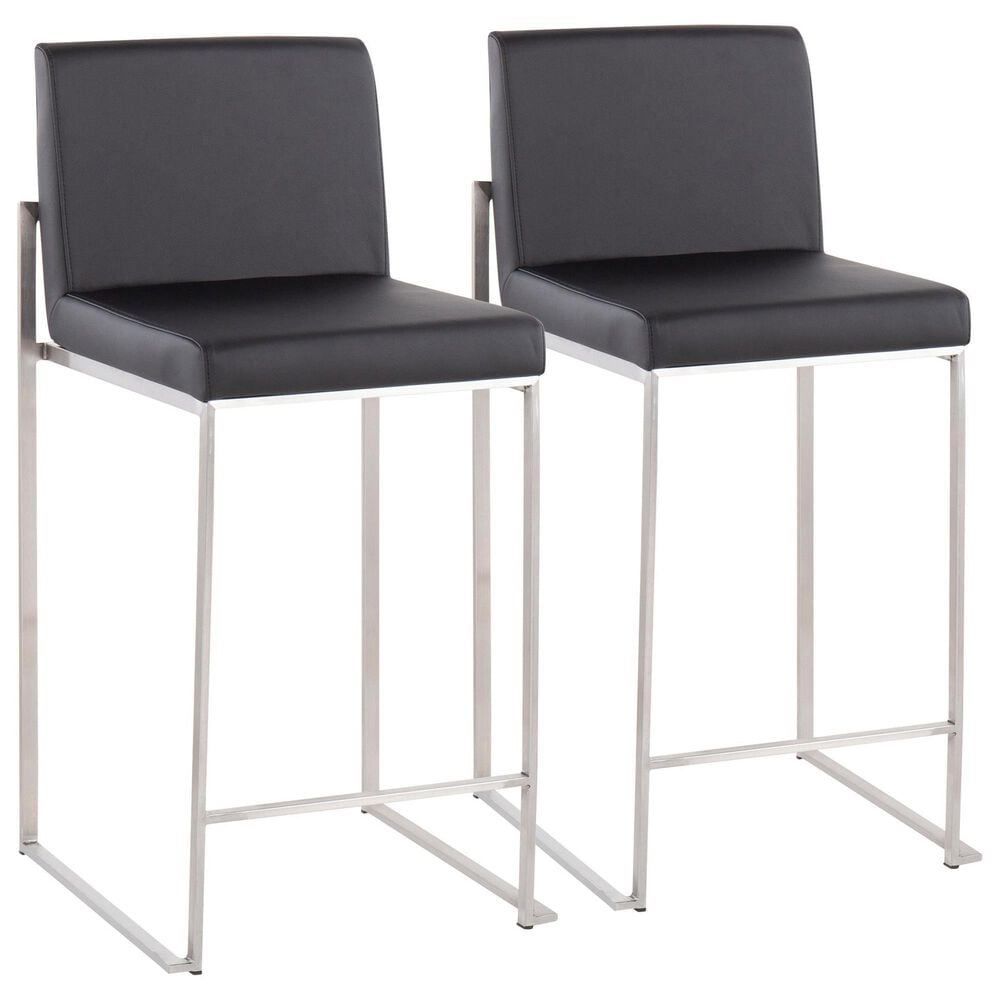 Lumisource Fuji High Back Counter Stool with Black Faux Leather Cushion in Stainless Steel (Set of 2), , large