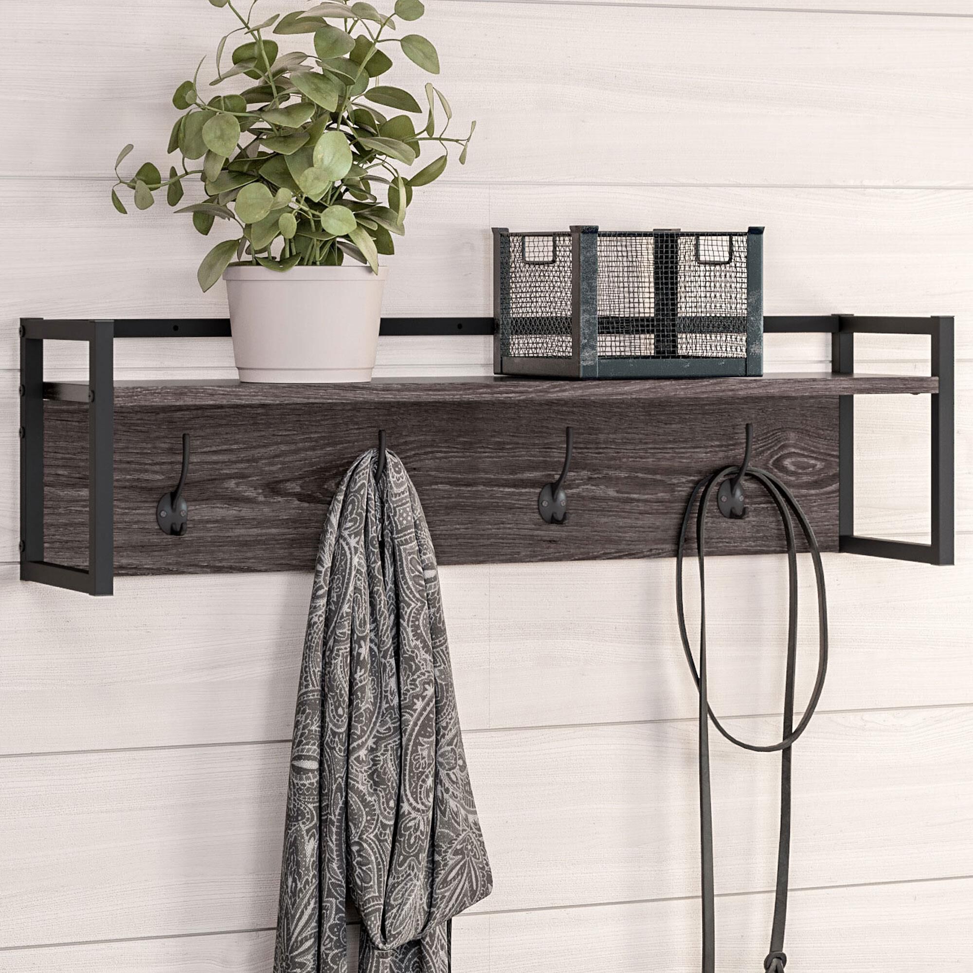 RiverRidge Home Afton 4 Hook Wall Shelf in Dark Weathered Woodgrain Shop NFM