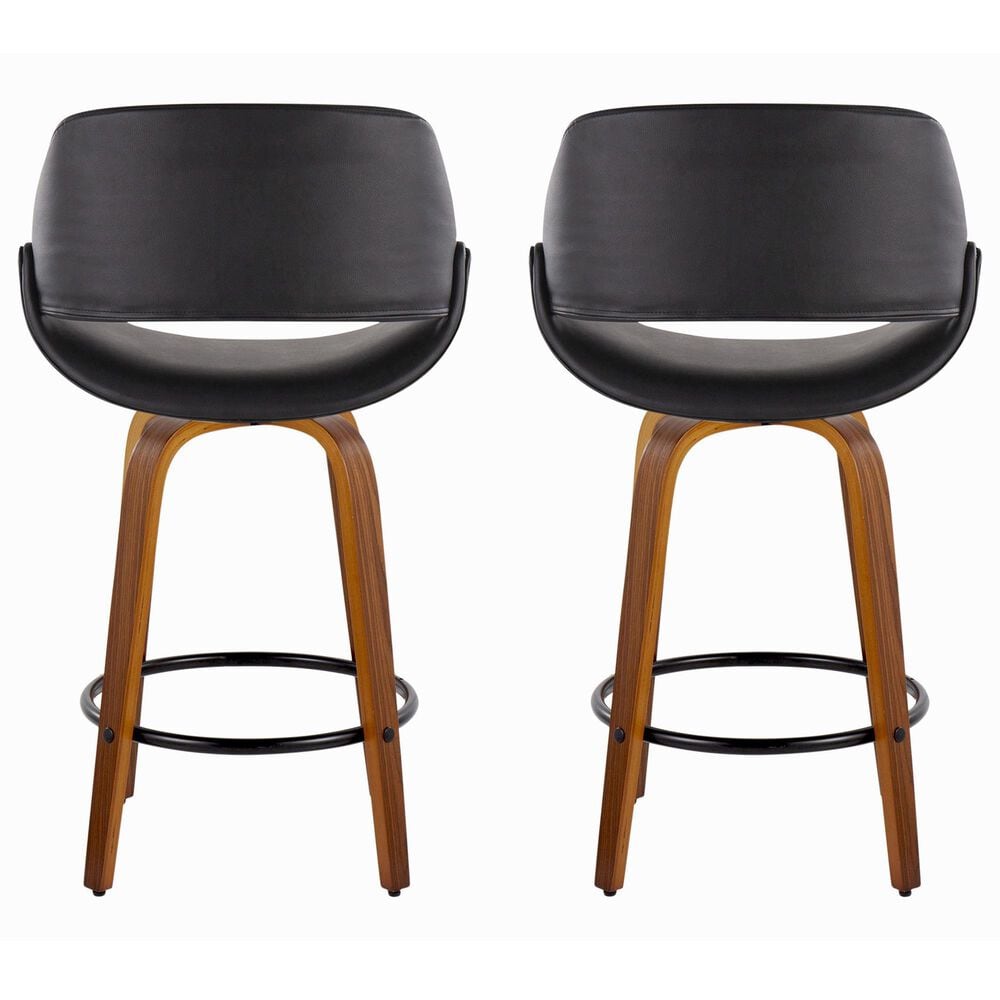 LumiSource Fabrico 26" Swivel Fixed-Height Counter Stool with Black Faux Leather Upholstery in Black and Walnut (Set of 2), , large