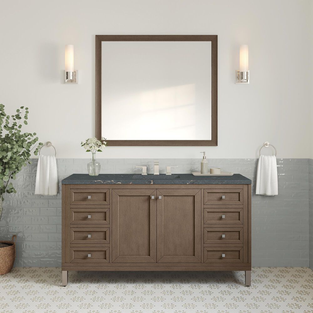 James Martin Vanities Chicago 60&quot; Single Bathroom Vanity in Whitewashed Walnut with 3 cm Parisien Bleu Quartz Top and Rectangular Sink, , large