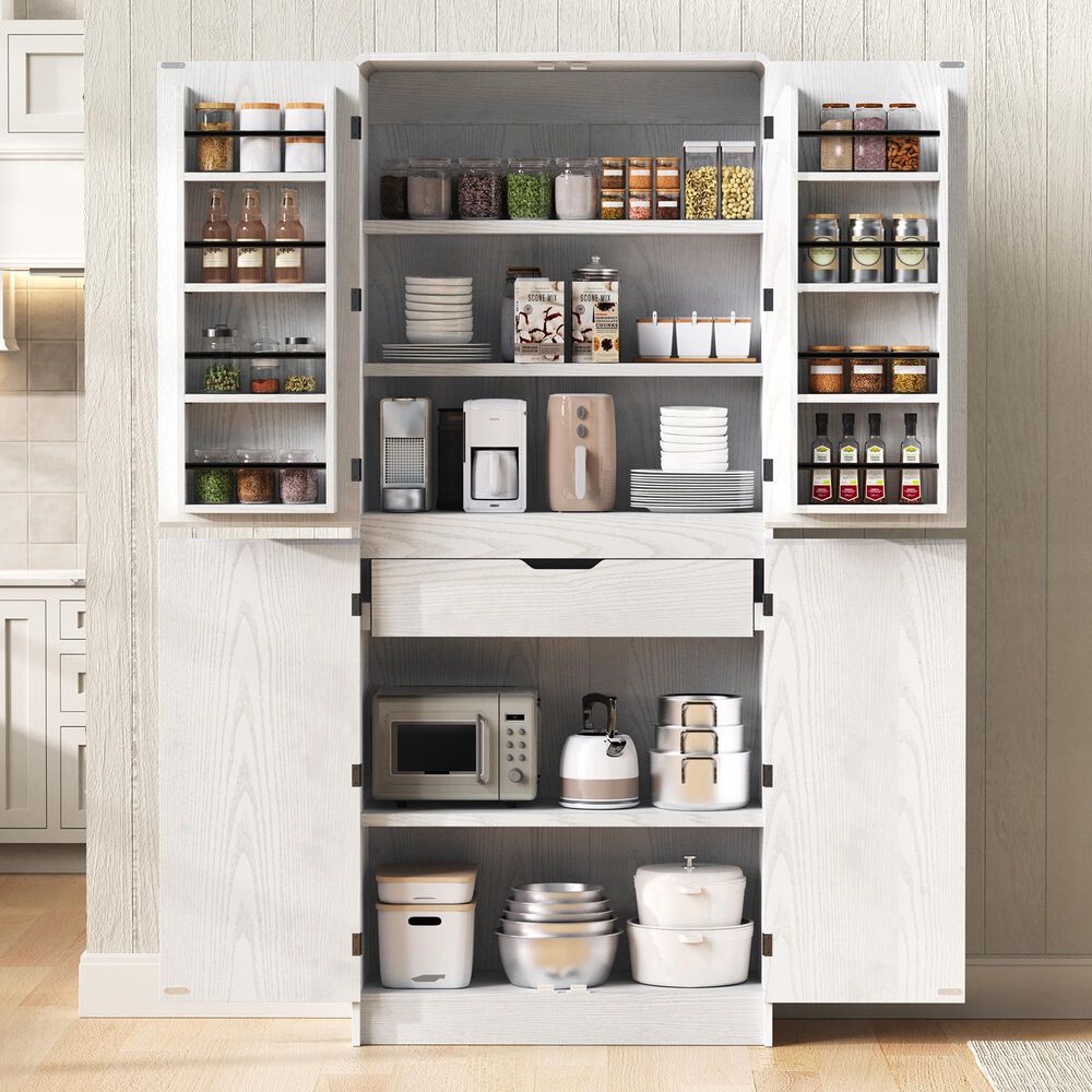 HOMLUX HOMLUX 72" Tall Farmhouse Kitchen Pantry Cabinet with 8 Door Shelves, Curved Design Storage Cabinet with 3 Adjustable Shelves, Hidden Drawer, Versatile Cupboard for Kitchen, Dining &amp; Bathroom, White, , large