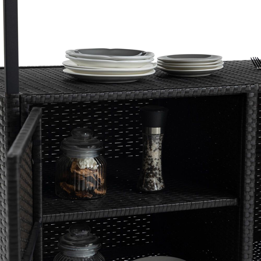 Hearth and Haven Patio Bar Cart with Glass Top and Storage Cabinet in Black, , large