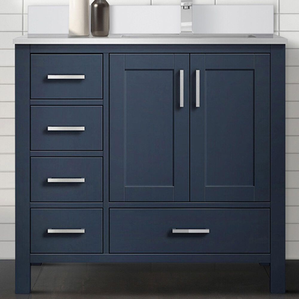 Lexora Home Jacques 36&quot; Right Offset Single Bathroom Vanity in Navy Blue with 2 cm White Cultured Marble Top and Rectangular Sink, , large