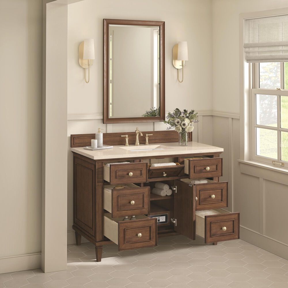 James Martin Vanities Lorelai 48&quot; Single Vanity in Mid-Century Walnut with 3 cm Eternal Marfil Quartz Top, , large