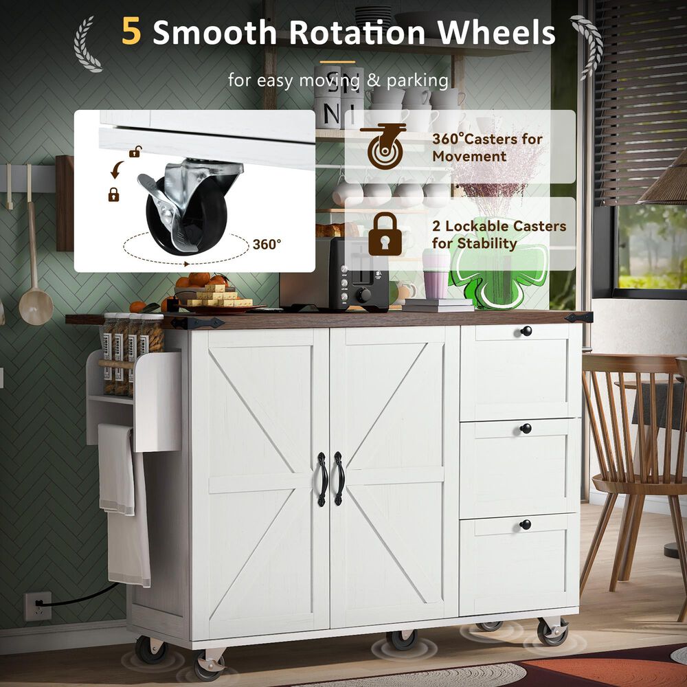 HOMLUX 55" Farmhouse Kitchen Island with Power Outlet in White, , large
