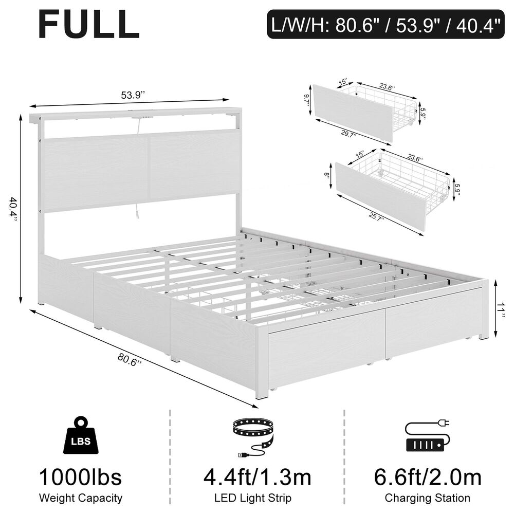 HOMLUX 4-Drawer Full Storage Bed with LED Headboard and Charging Station in White, , large