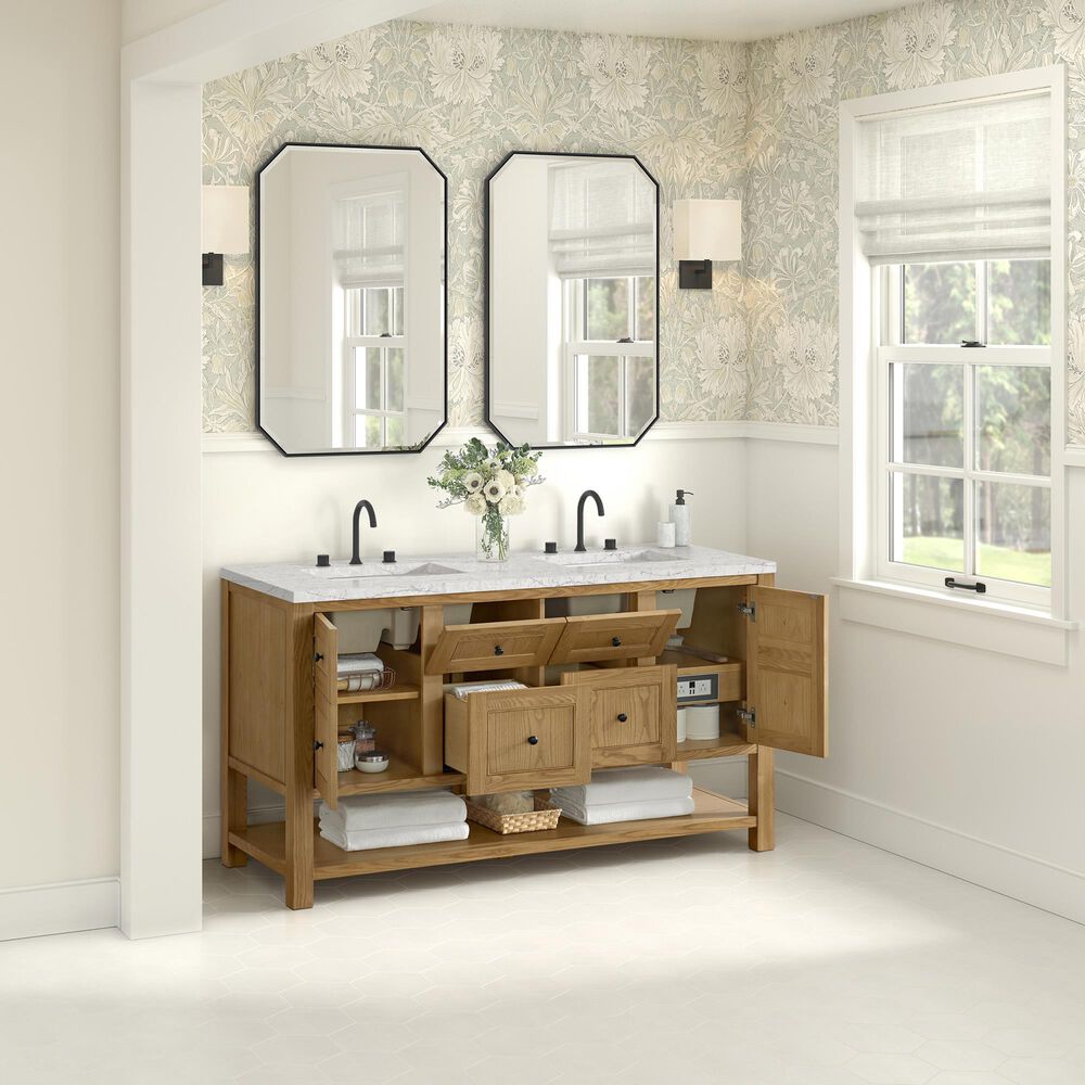 James Martin Vanities Breckenridge 60&quot; Double Bathroom Vanity in Light Natural Oak with 3 cm Eternal Jasmine Pearl Quartz Top and Rectangular Sinks, , large
