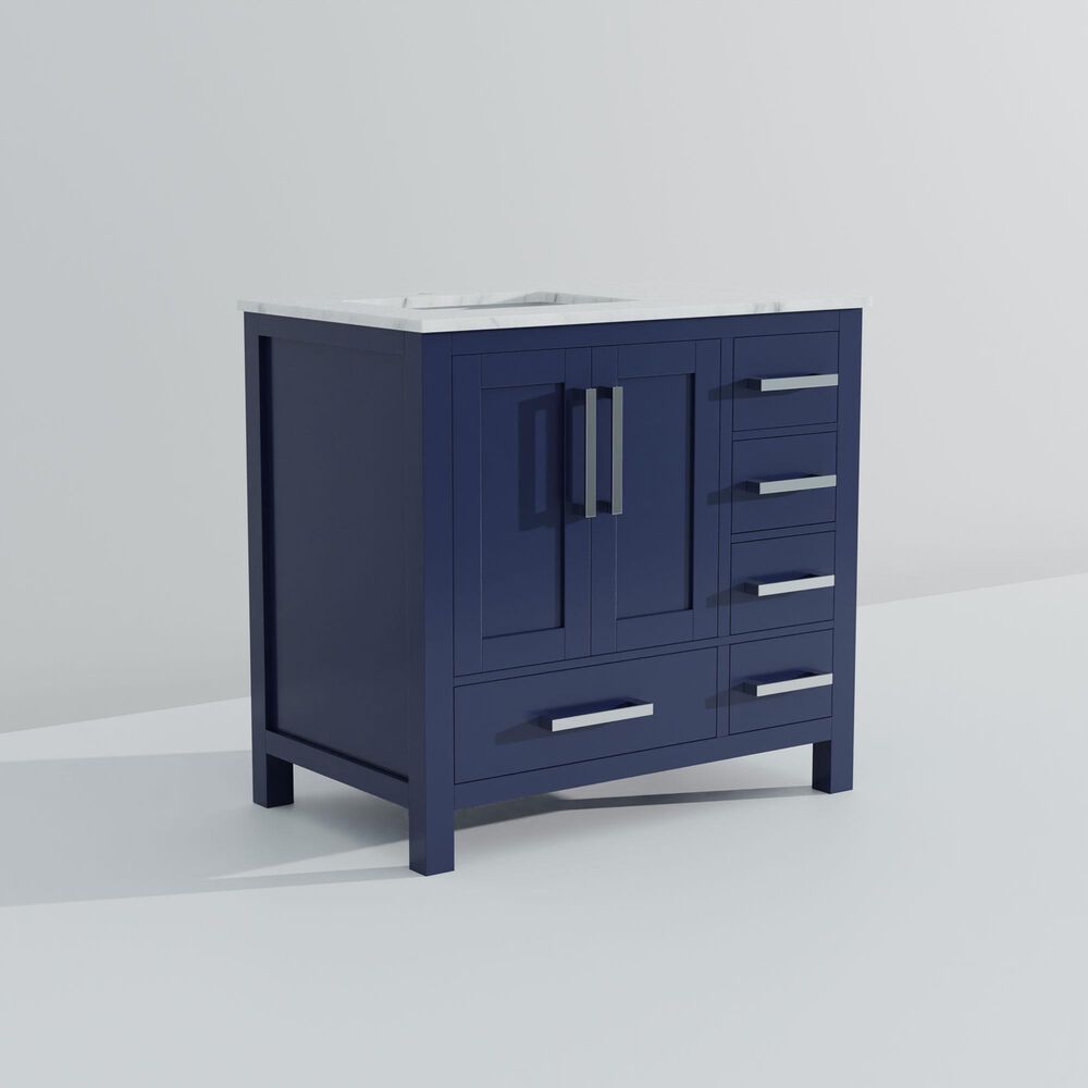 Lexora Home Jacques 36&quot; Left Offset Single Bathroom Vanity in Navy Blue with 2 cm White Carrara Marble Top and Rectangular Sink, , large