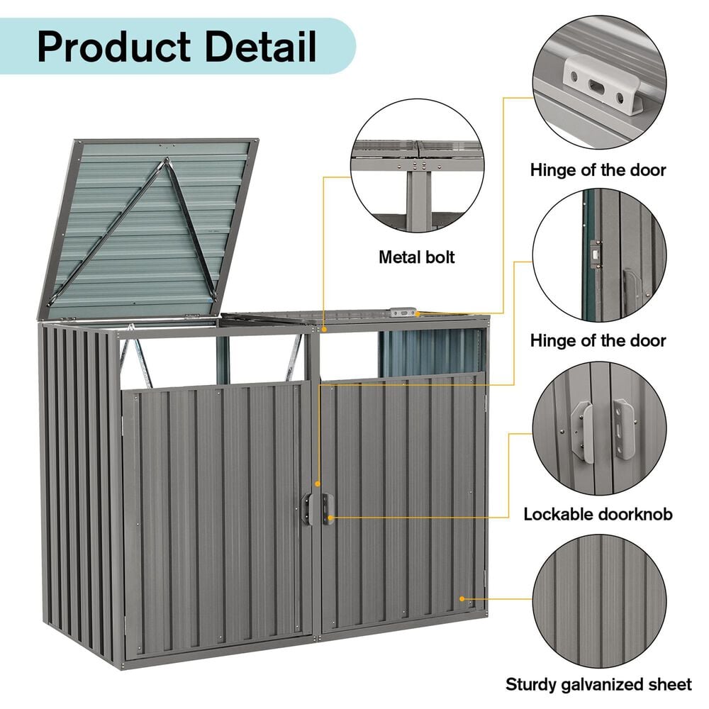 Hearth and Haven Outdoor Metal Garbage Bin Shed for 2 Trash Cans with Lockable Doors in Gray, , large