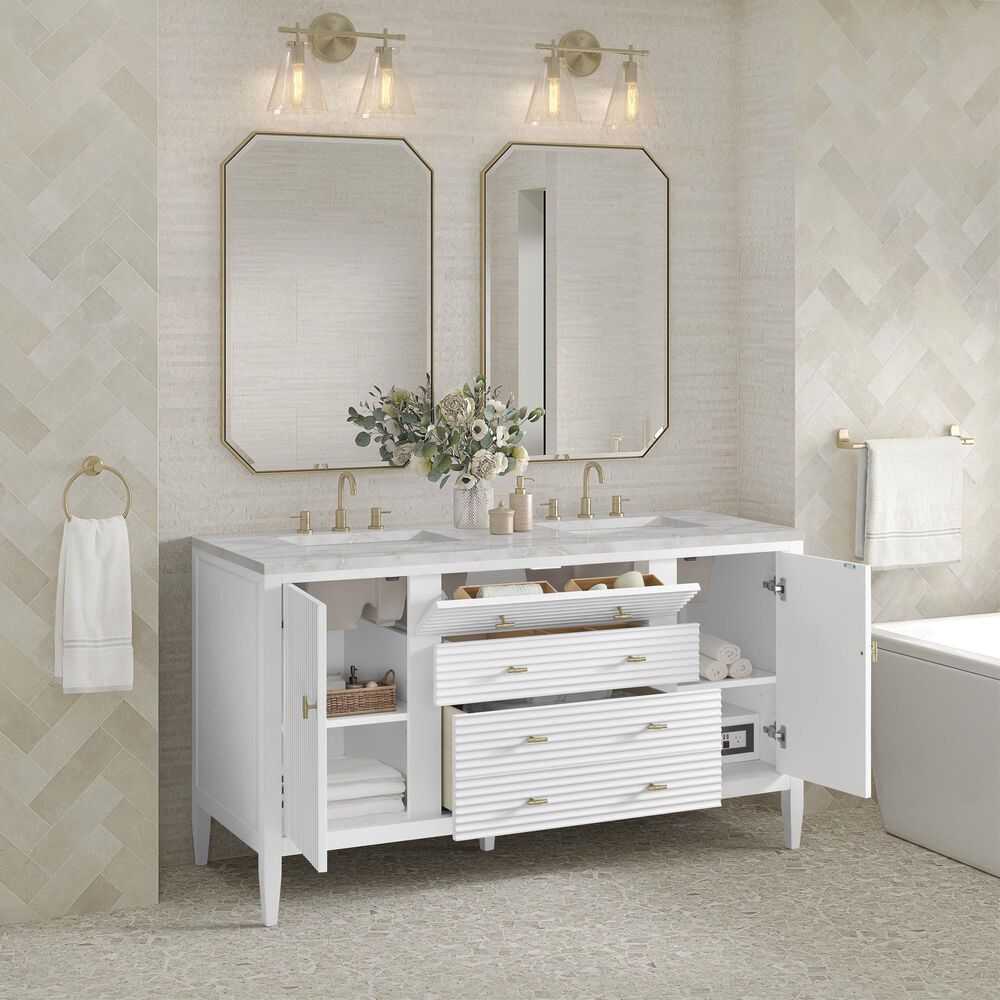 James Martin Vanities Myrrin 60" Double Bathroom Vanity in Bright White with 3 cm Eternal Jasmine Pearl Silestone Top, Rectangular Sinks and FreePower Wireless Charger, , large