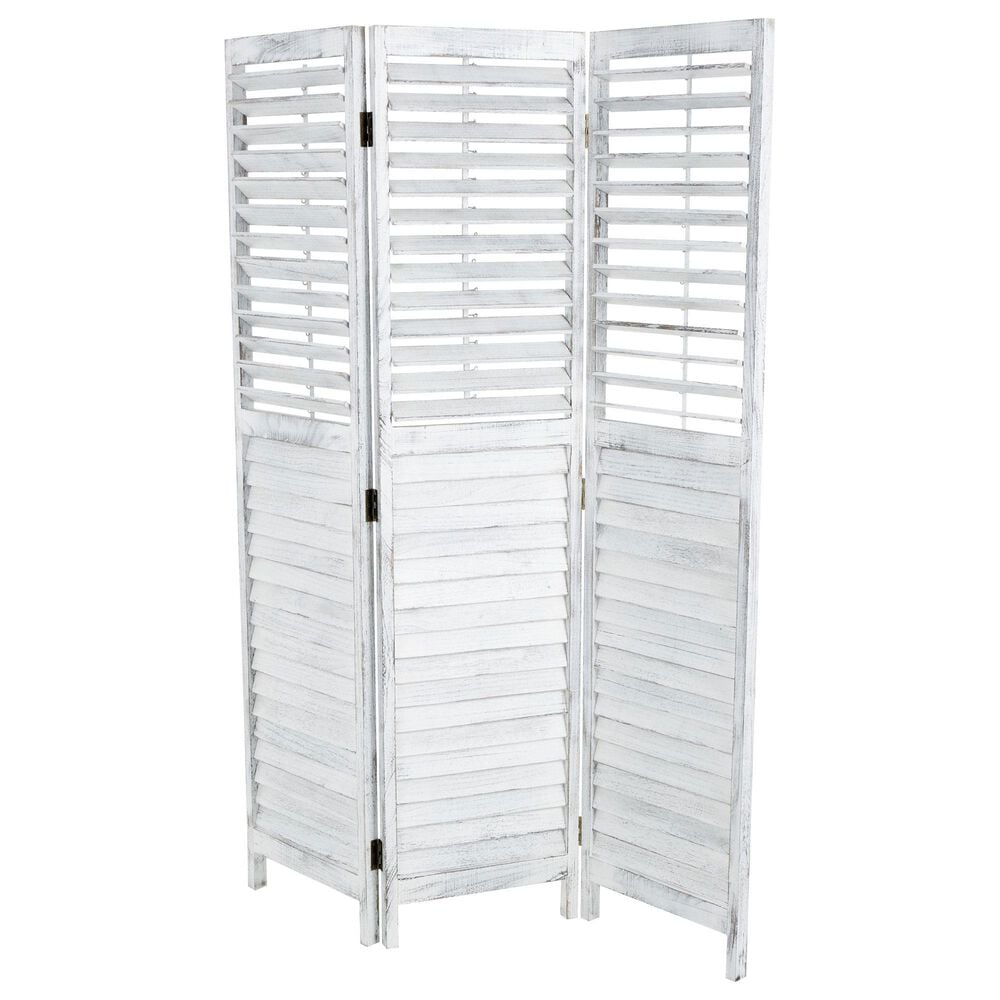 Maple and Jade 3-Panel Shutter Top Partition Room Divider Screen in Washed White and Gray, , large