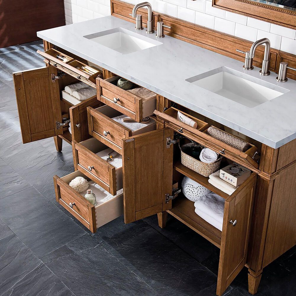 James Martin Vanities Brittany 72" Double Bathroom Vanity in Saddle Brown with 3 cm Eternal Jasmine Pearl Quartz Top and Rectangular Sink, , large