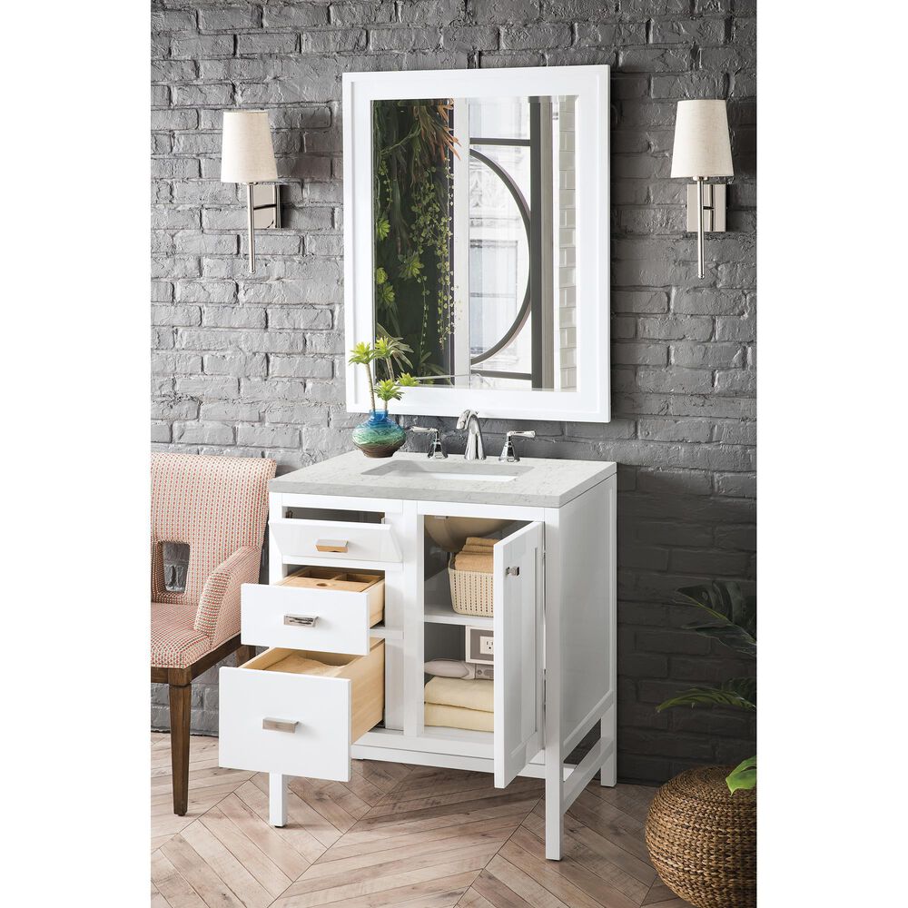 James Martin Addison 30&quot; Single Bathroom Vanity in Glossy White with 3 cm Eternal Jasmine Pearl Quartz Top and Rectangular Sink, , large