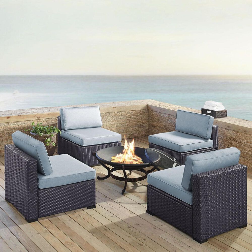 Firefly Biscayne 5 Piece Fire Pit and Wicker Chair Set in Mist, , large
