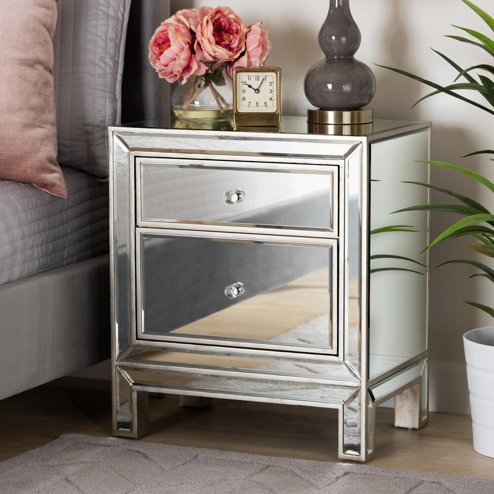 Baxton Studio Fadri Mirrored 2-Drawer End Table in Antique Silver, , large