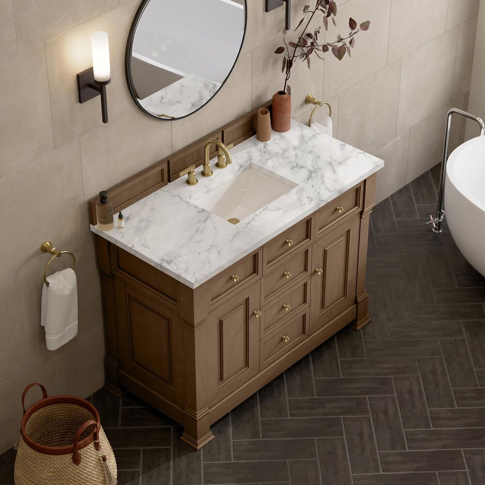 James Martin Vanities Brookfield 48&quot; Single Bathroom Vanity in Pecan with 3 cm Carrara White Marble Top and Rectangular Sink, , large