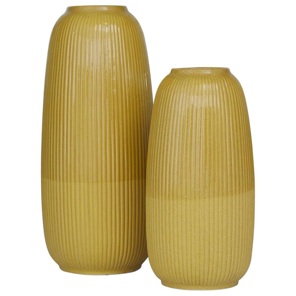 Maple and Jade 2-Piece Decorative Vase Set with Vertical Line Pattern in Polished Yellow, , large