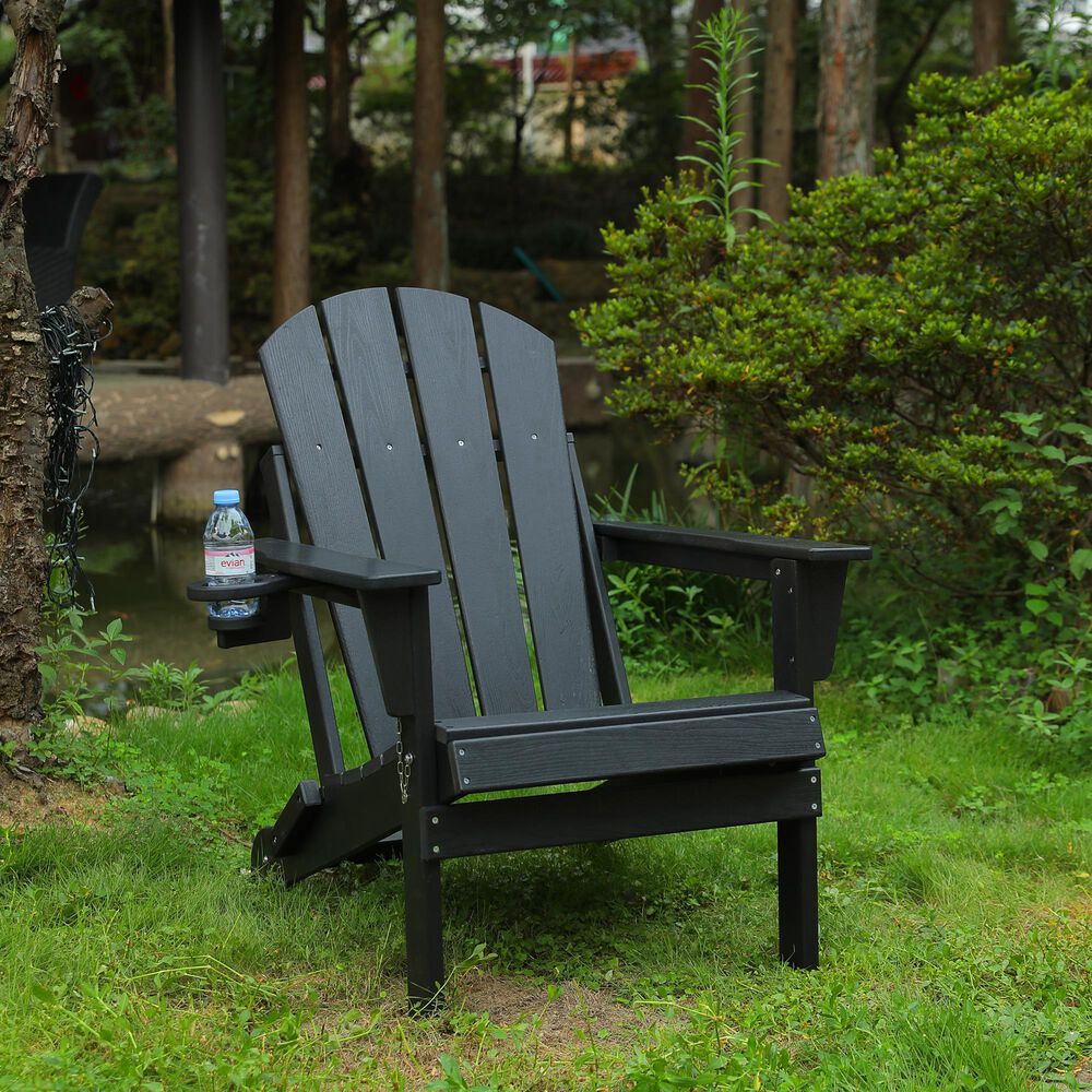 Hearth and Haven 34" Outdoor Folding Adirondack Chair with Cup Holder in Black, , large
