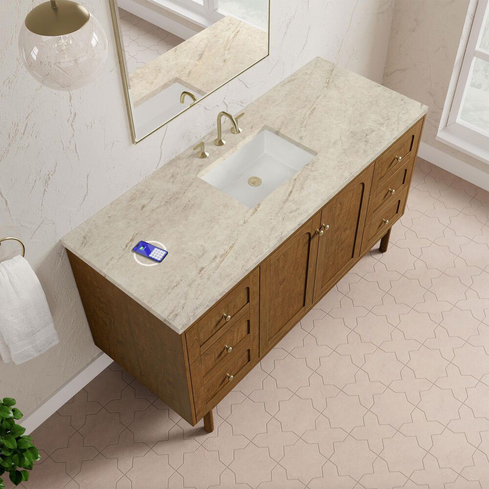 James Martin Laurent 60" Single Bathroom Vanity in Honey Oak with 3 cm Tajnar Eclos Top, Rectangular Sink and FreePower Wireless Charger, , large