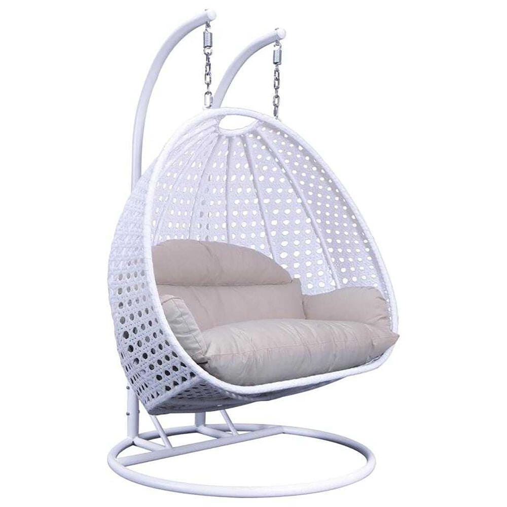 Leisuremod 57&quot; Patio 2-Seat Hanging Egg Swing Chair with Taupe Cushion in White, , large