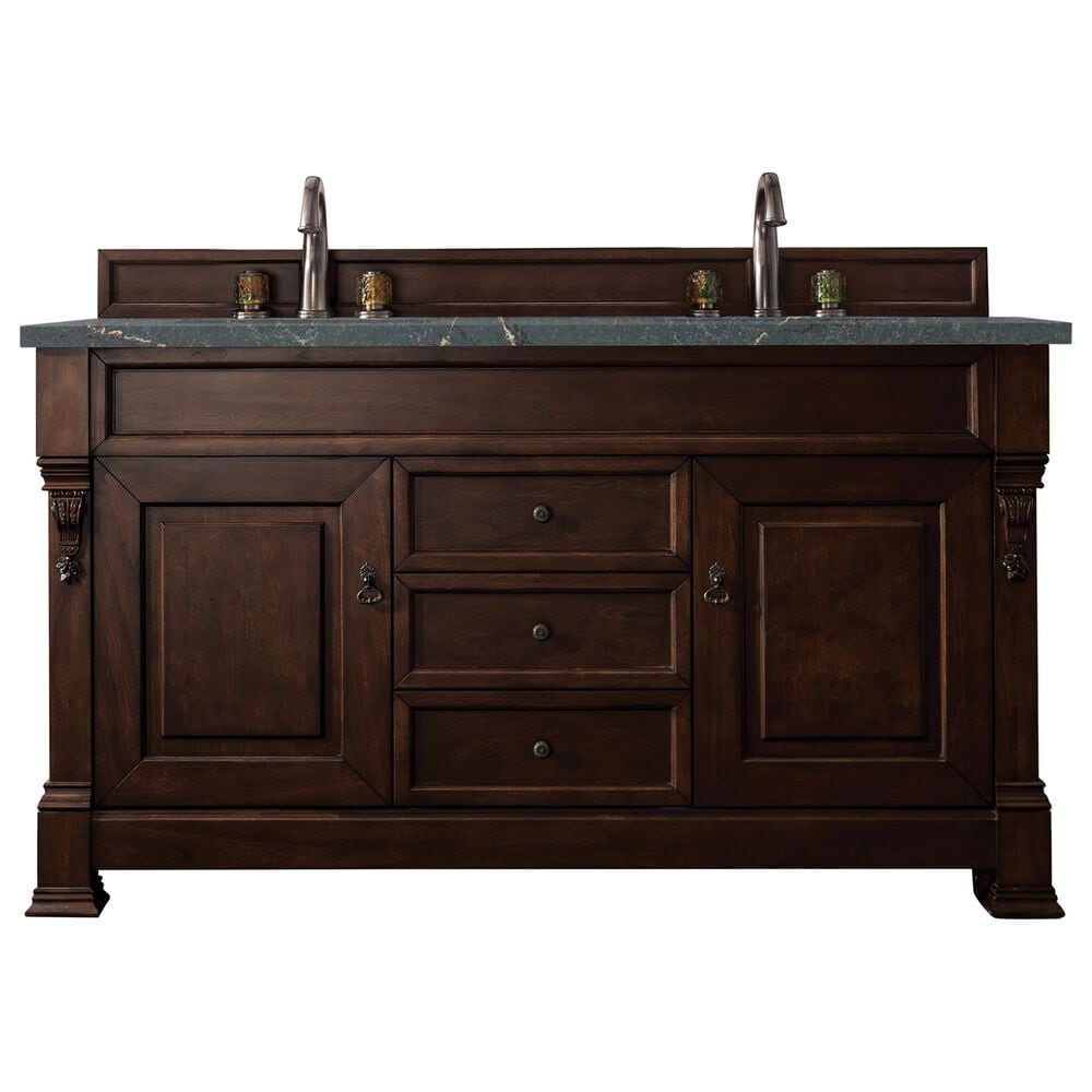 James Martin Vanities Brookfield 60" Double Bathroom Vanity in Burnished Mahogany with Single Hole 3 cm White Zeus Quartz Top and Rectangular Sinks, , large