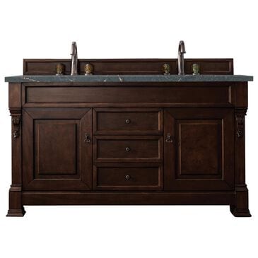 James Martin Vanities Brookfield 60" Double Bathroom Vanity in Burnished Mahogany with Single Hole 3 cm White Zeus Quartz Top and Rectangular Sinks, , large