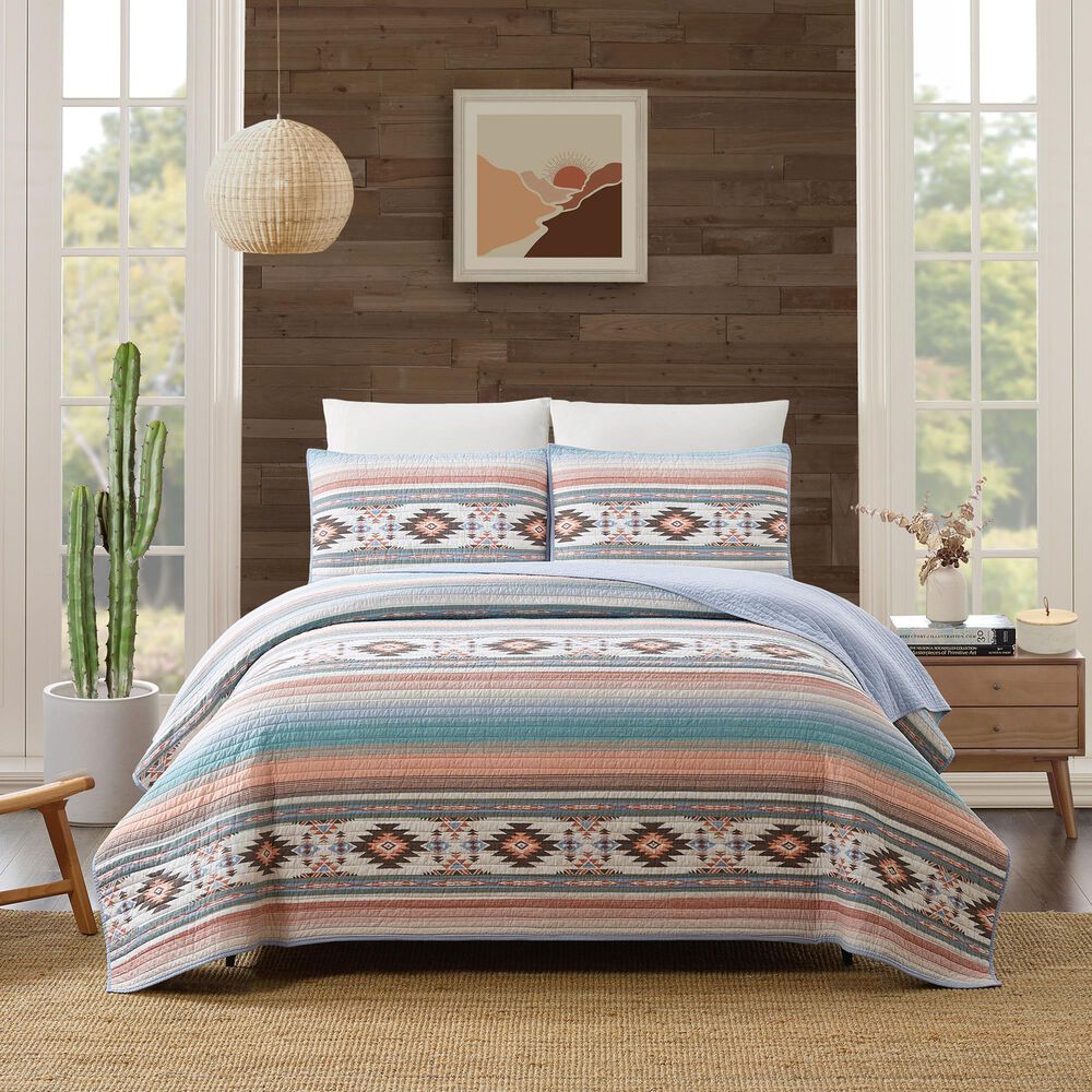 Peking Handicraft Sunset Canyon 3-Piece Full/Queen Quilt Set in Rich Brown, Blue and Coral, , large