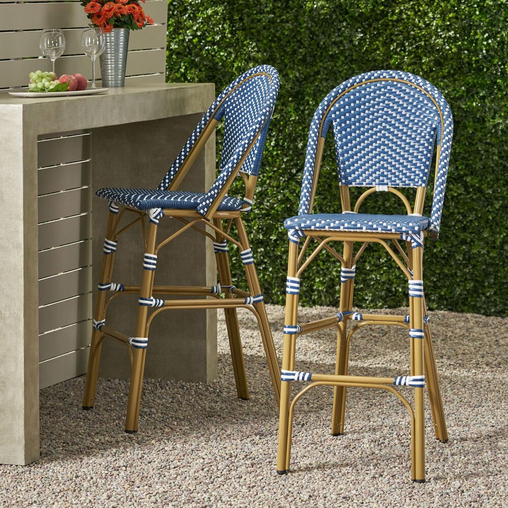 Hearth and Haven Outdoor Wicker French Barstool with Brown Aluminum Frame in Teal Blue (Set of 2), , large