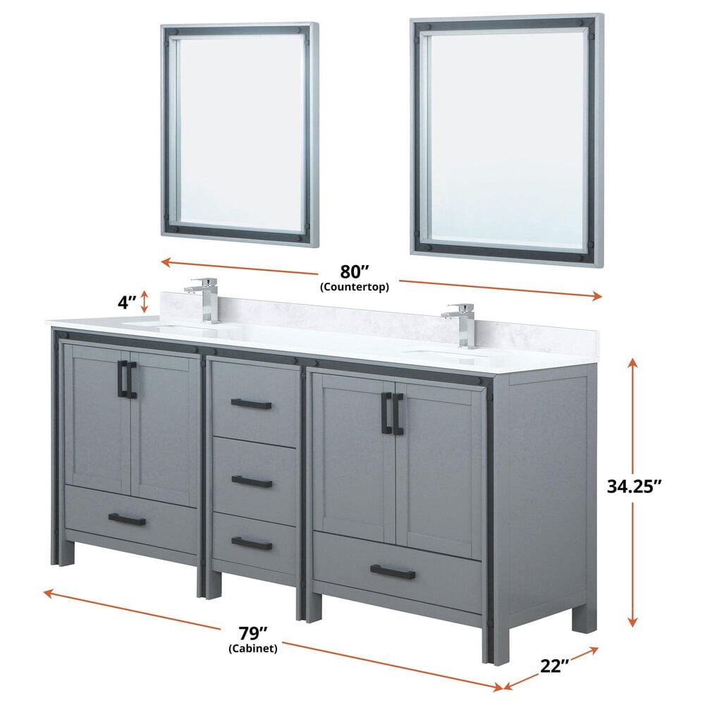 Lexora Home Ziva 80&quot; Double Bathroom Vanity in Dark Grey with 2 cm White Cultured Marble Top and Rectangular Sinks, , large